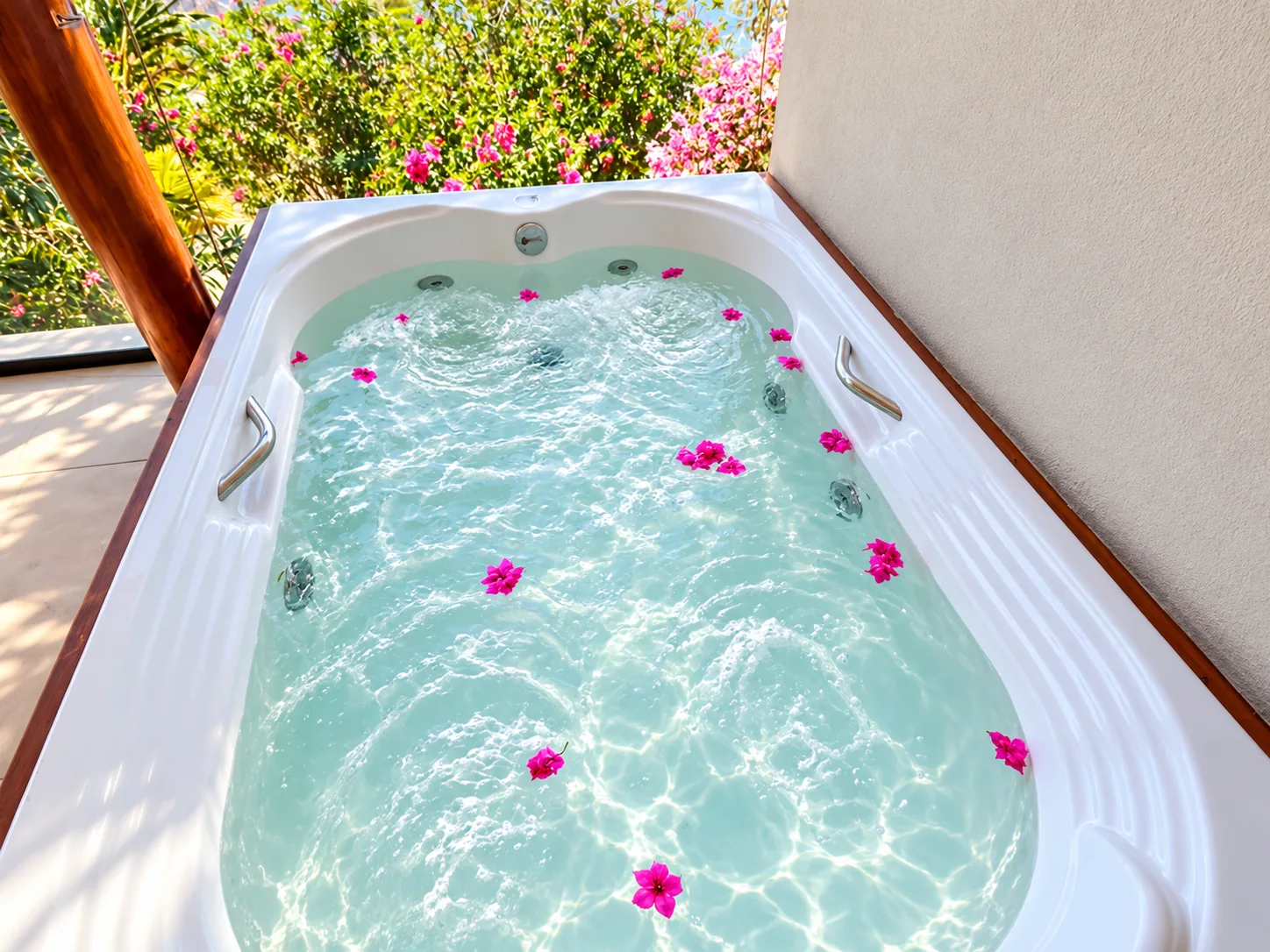 Hidromassagem com flores na água da suíte Deluxe