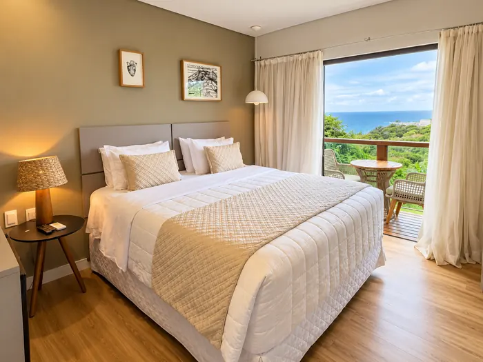 Quarto com cama confortável e varanda com vista para o oceano