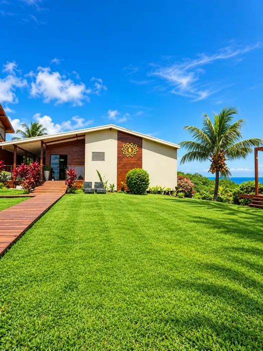 Fachada e jardim da Pousada Miragem Noronha