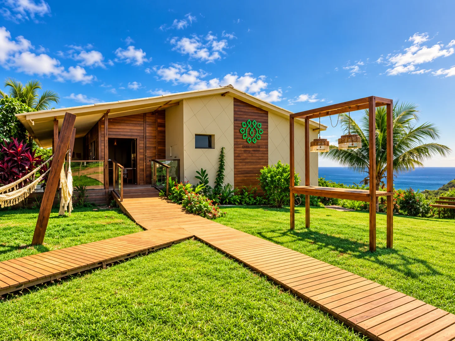 Passarelas, jardim tropical e vista para o mar na Pousada Miragem Noronha